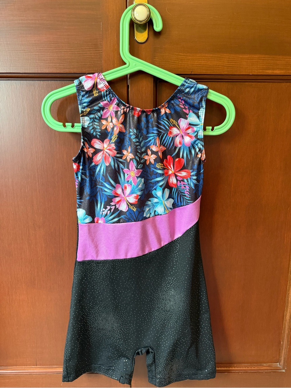 Girls Floral Gymnastics Leotard with Purple Band
